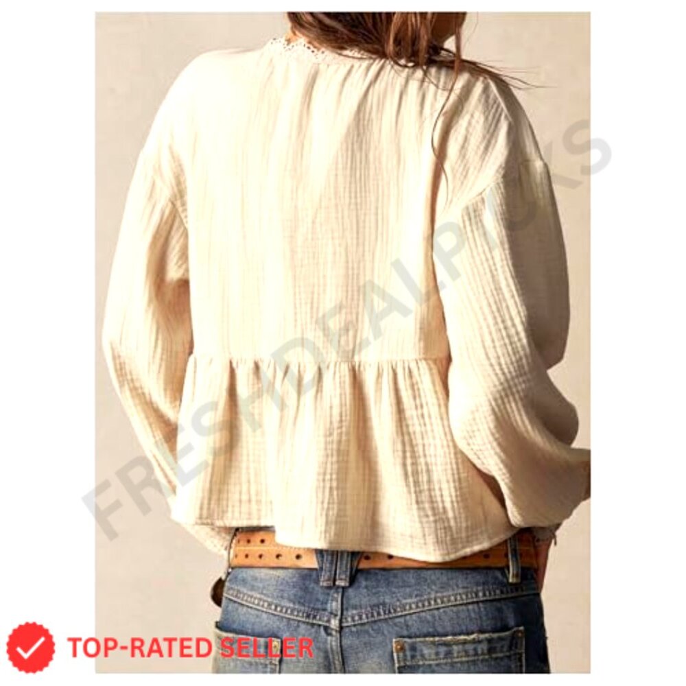 Crochet Patchwork Boho Blouse Deep V Neck Button … - image 3